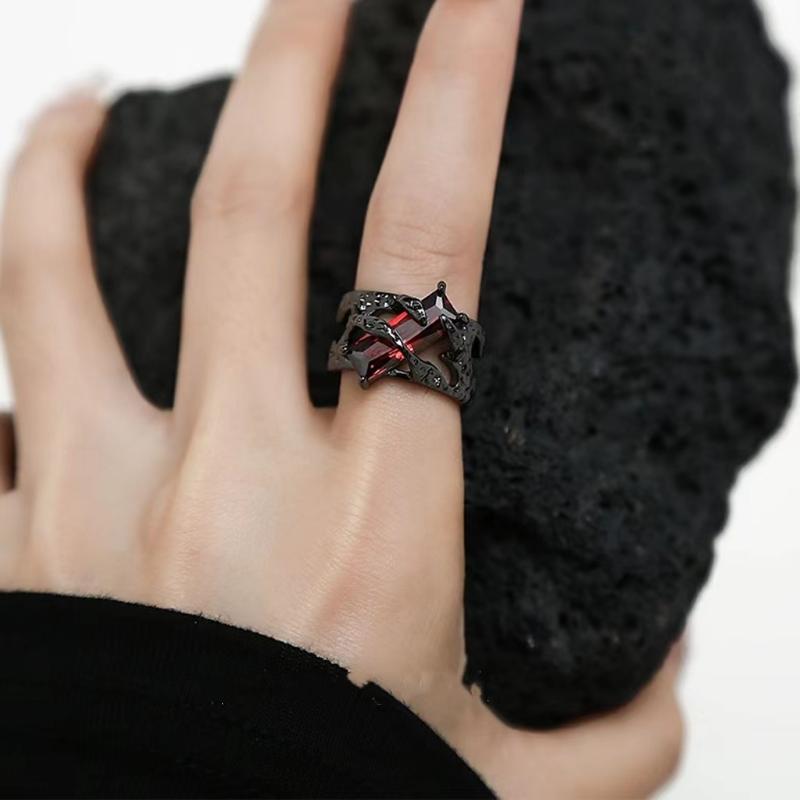 Black Gothic Irregular Thorns Ruby Rings Retro Hip-hop Personality Adjustable Finger Ring for Men Women Jewelry Gifts
