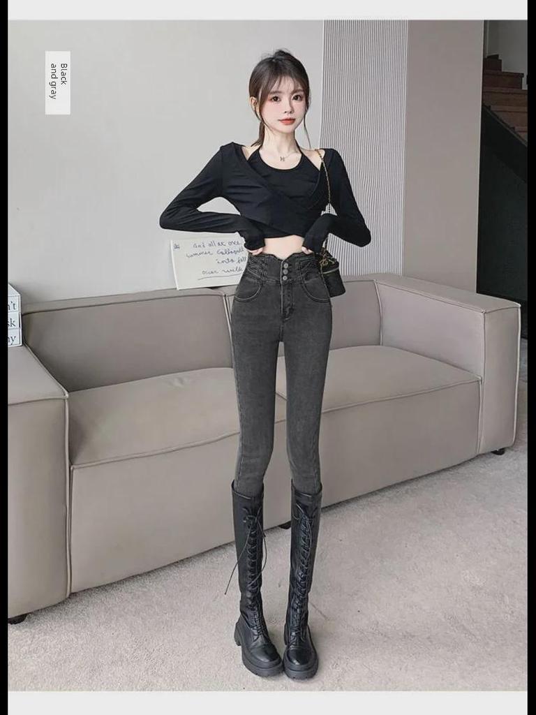 Женские черные узкие джинсы с застежкой на пуговицы и ультра-высокой талией, приподнимающие бедра