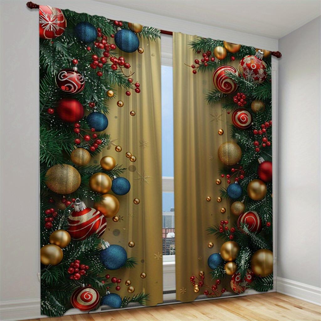 Christmas Ball Stars Decorated Curtain Red Holiday Ribbon Curtain a Set of Two, Home Living Room Bedroom Kitchen Shade Curtain
