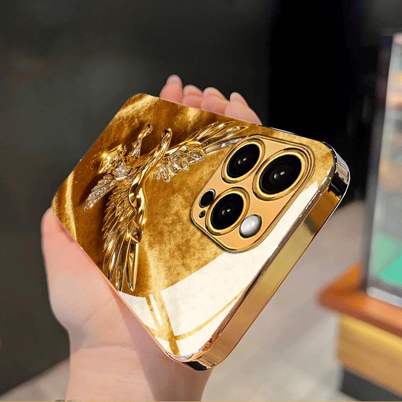 Премиальный гальванизированный стеклянный чехол для телефона для iPhone 17 16 15 14 13 12 11pm Pro Plus. Высококлассный роскошный дизайн с золотым орлом.