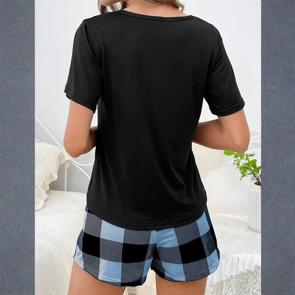 Women's Sleepwear French Two-piece Home Suit With A Short Sleeved Shirt And Checkered Pockets, Checkered Shorts Set