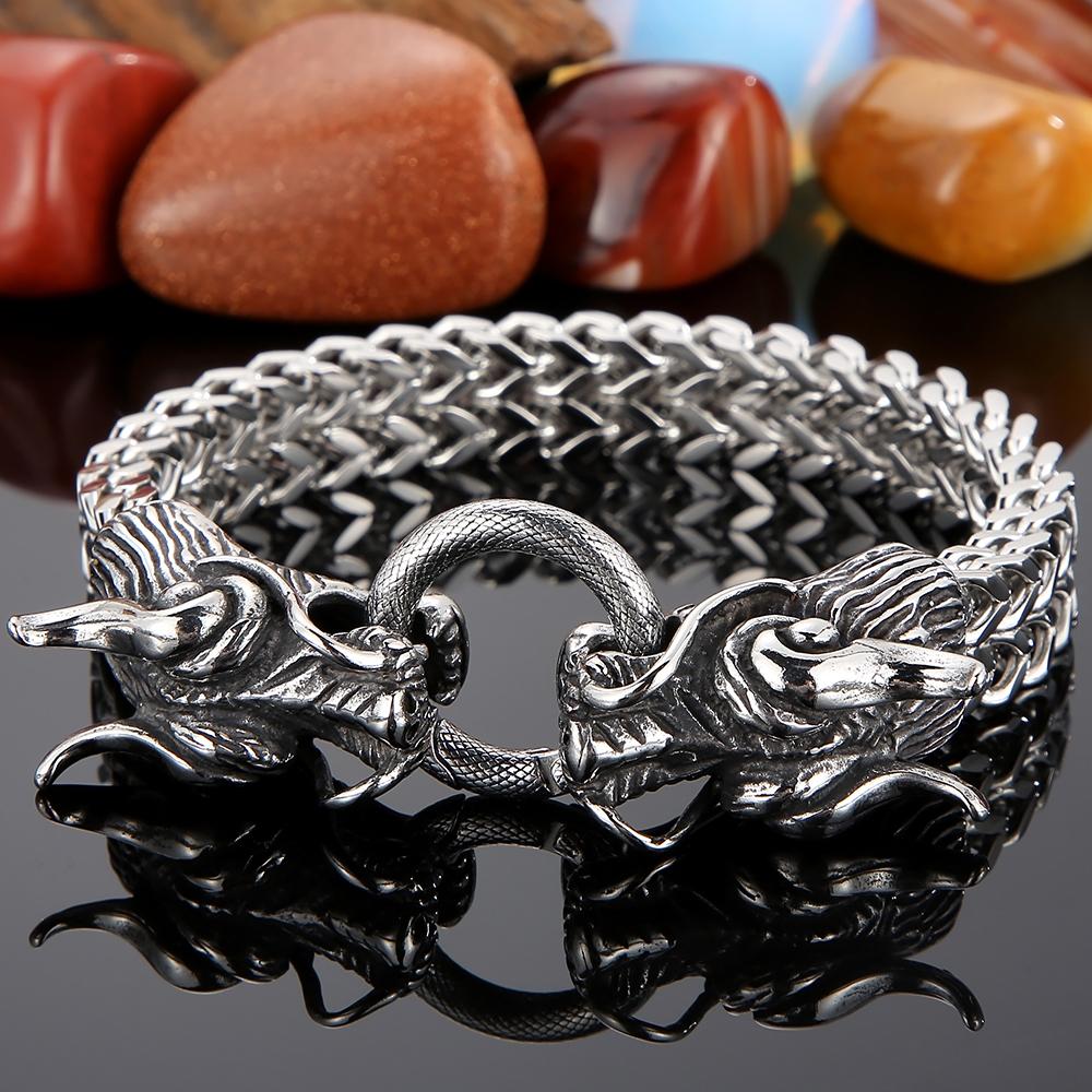 Gothic Double Chinese Long Dragon Heads Design Men's Bracelet 11MM Width Stainless Steel Square Franco Link Chain Male Jewelry
