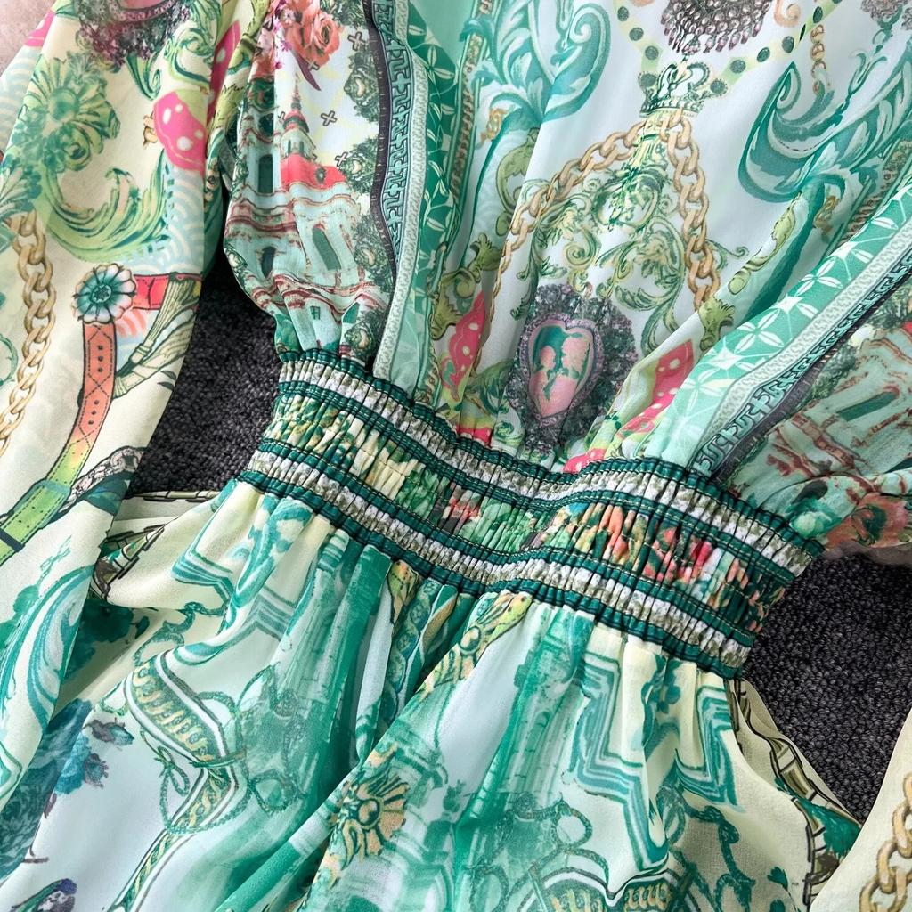 Летняя мода, роскошный дизайнерский винтажный шифон с принтом, праздничное пляжное платье, женское сексуальное платье с v-образным вырезом и рукавами-фонариками, эластичный пояс, длинный халат макси