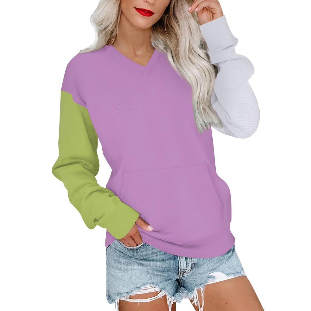 Женская повседневная модная цветная стеганая толстовка с V-образным вырезом и длинным рукавом, легкий пуловер с карманами