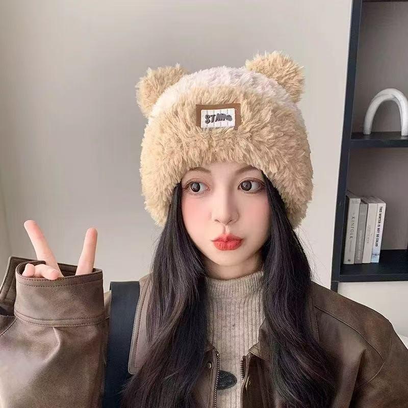 Зимняя теплая шапка с медвежьими ушками, новая плюшевая женская шапка, свободная модная шапка-пуловер, маленькая для лица