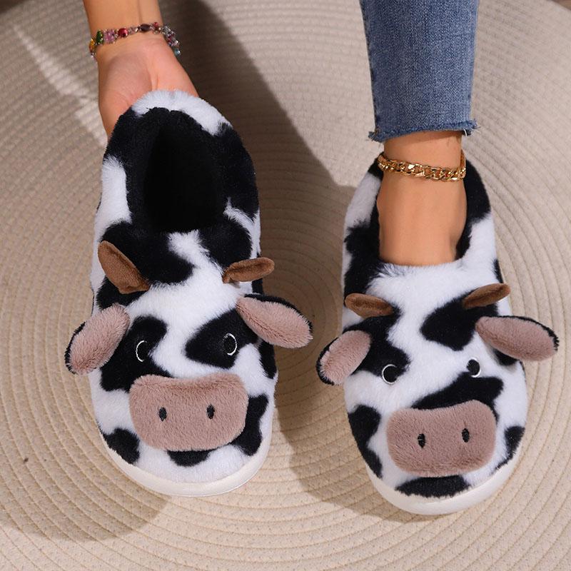 New Winter Cartoon Cow Warm Plush Slippers Women Indoor Non-Slip House Fur Slides Woman Wrap Toe Soft Flat Home Cotton Shoes