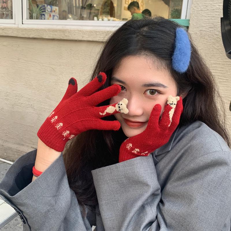 Перчатки с сенсорным экраном, красные, с разделенными пальцами, для девочек, зимние, милые, корейская версия, утолщенные плюшевые, для велоспорта, теплые, зимний тренд