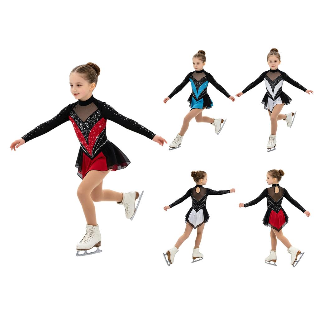 Girls Figure Skating Costume Long Sleeve Irregular Hem Rhinestones Dress