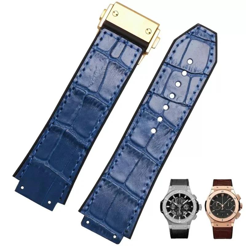26x19 мм Настоящая Коровья Кожа Резина Ремешок для Часов для HUBLOT Classic Fusion Universe Big Bang Серии Мужской ремень Ремешок для Часов Бабочка Пряжка