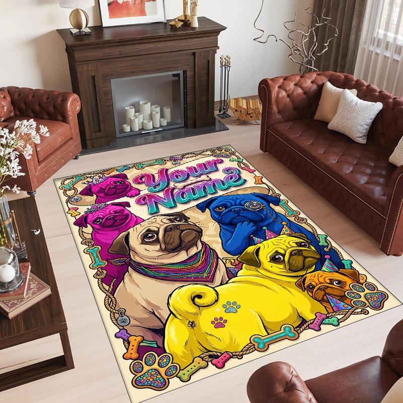 Pug Theme Crystal Velvet Floor Rug Personalized Custom Name Text Warm Carpet Home Decoration