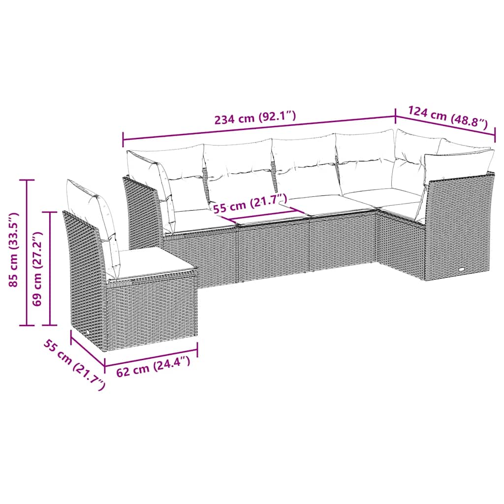 6 Piece Outdoor Sofa Set with Cushions Black Poly Rattan