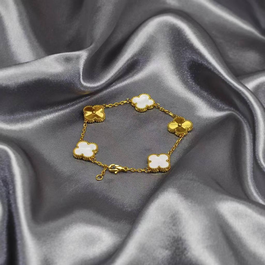 15MM Through-body Titanium Steel 18K Double-sided Lucky Four-leaf Clover Five Flowers Bracelet