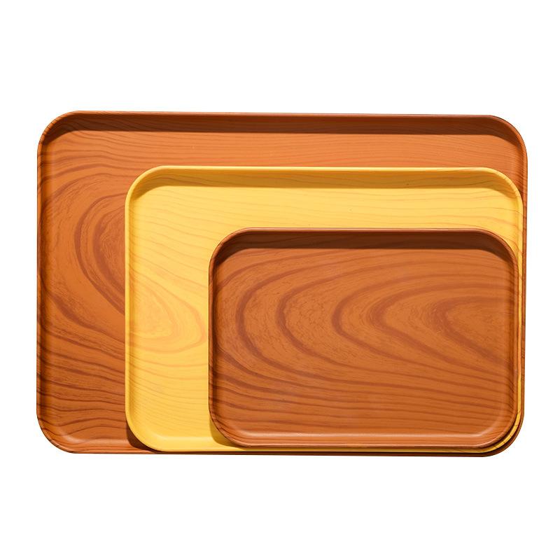 Plastic Tray Canteen Dinner Plate Household Living Room Snack Tea Tray Imitation Wood Grain Rectangular Kindergarten Fruit Plate