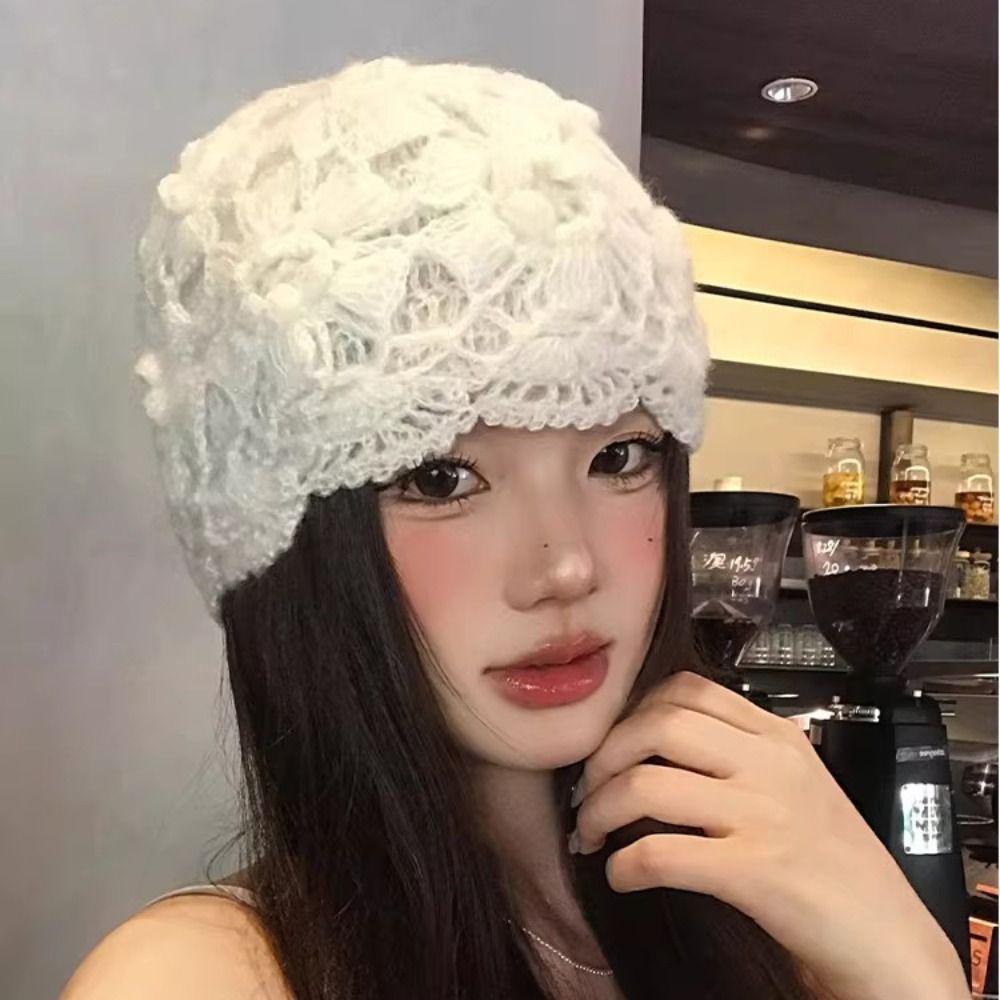 Hollow Mesh 3D Flower Knitted Beanie Hat Handmade Mesh Knit Cap Turban Knit Hat Women Casual Wear