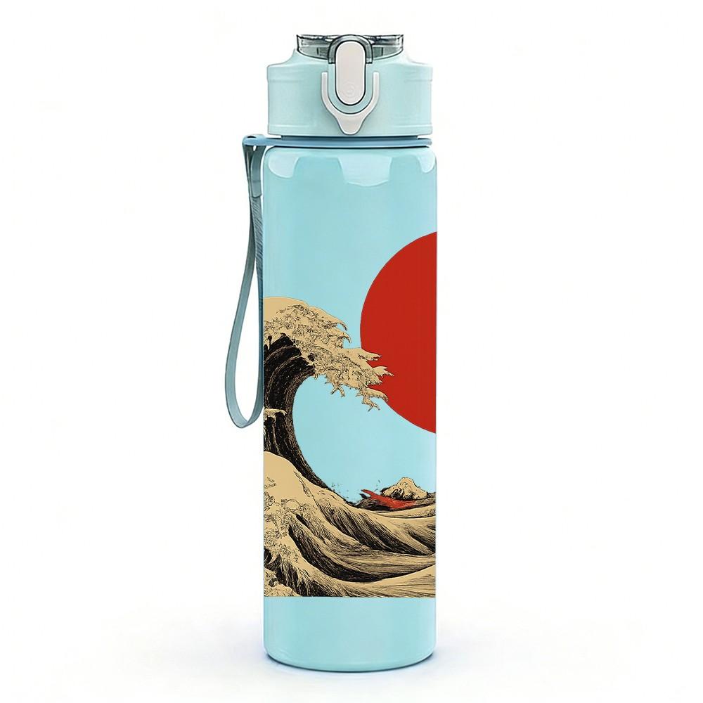 1PC Great Wave Japanese Ocean Art Print 750ml Color Plastic Sports Water Bottle Leakproof Flip Straw Lid Suitable for Sports Office Home Use