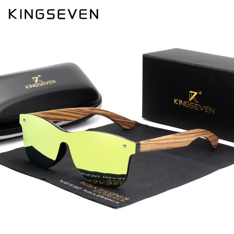 Kingseven Поляризованные квадратные солнцезащитные очки для мужчин и женщин Зебра в деревянной оправе с зеркалом с плоскими линзами для вождения UV400