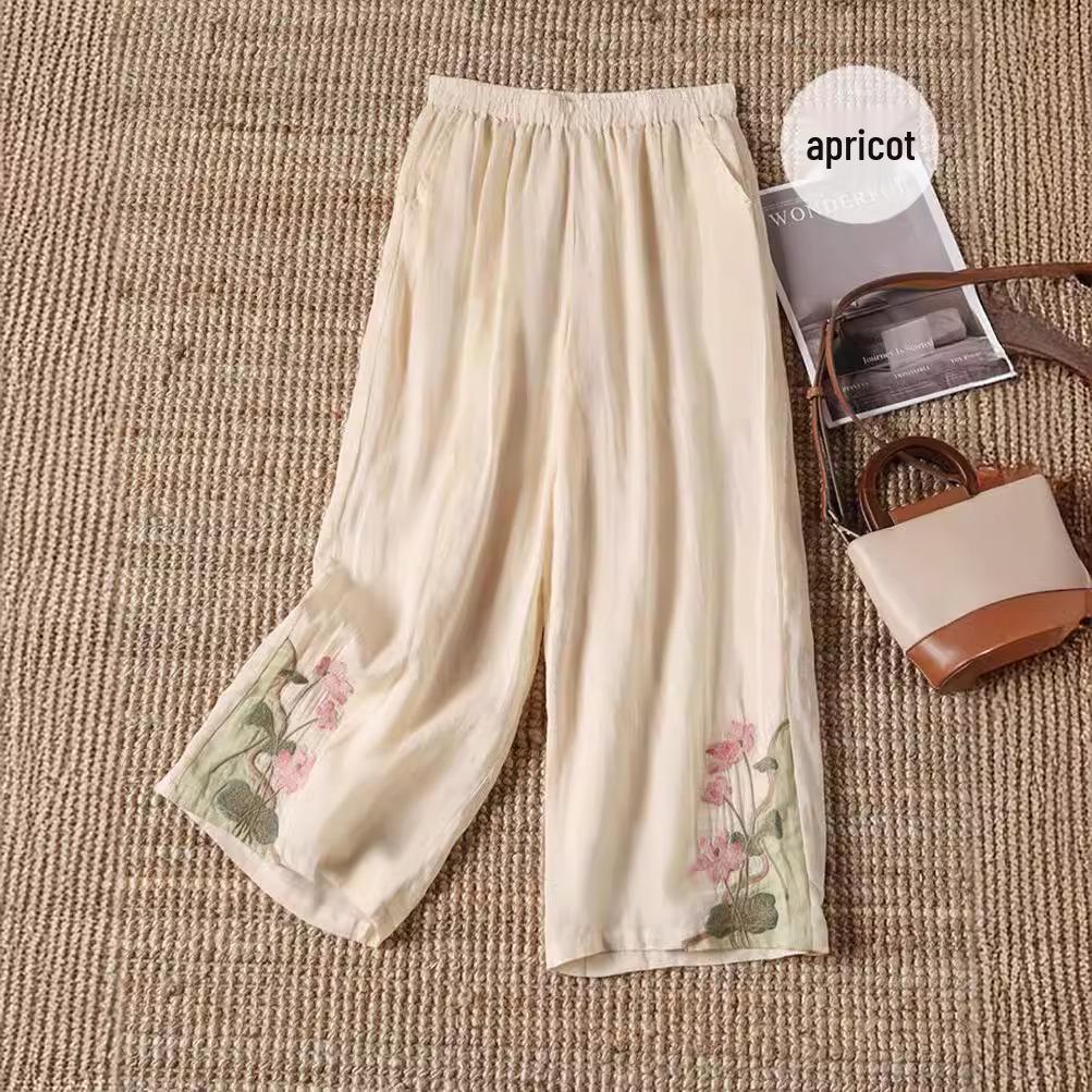 Женские летние брюки с вышивкой и широкими штанинами - Ретро свободного кроя