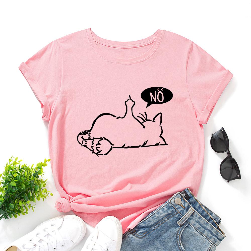 Cat No Cartoon Pattern Cotton T-Shirt Short Sleeve Round Neck Women 2d Print Tops