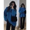 Autumn and Winter New Lazy Wind Twist Thickened Knitted Sweater Blue Medium and Long Large Size Loose Pullover Sweater Women