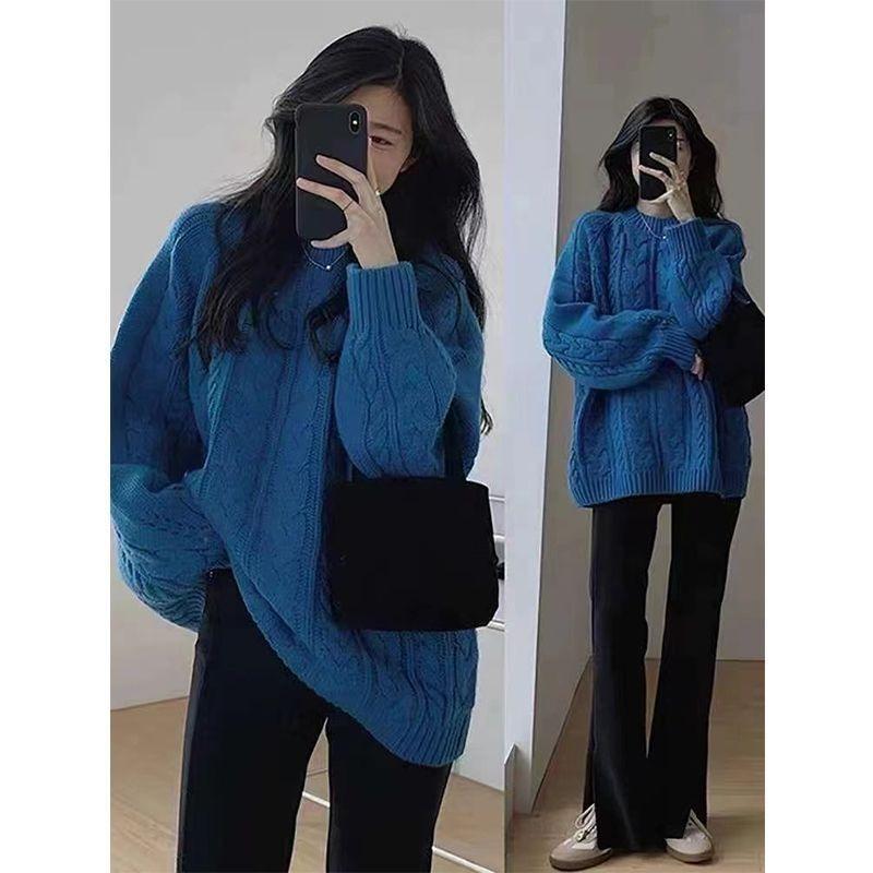 Autumn and Winter New Lazy Wind Twist Thickened Knitted Sweater Blue Medium and Long Large Size Loose Pullover Sweater Women