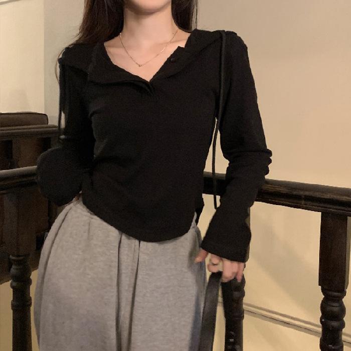 Cotton long-sleeved hooded front shoulder T-shirt women's spring and autumn new slim-fit lazy design with bottoming shirt top