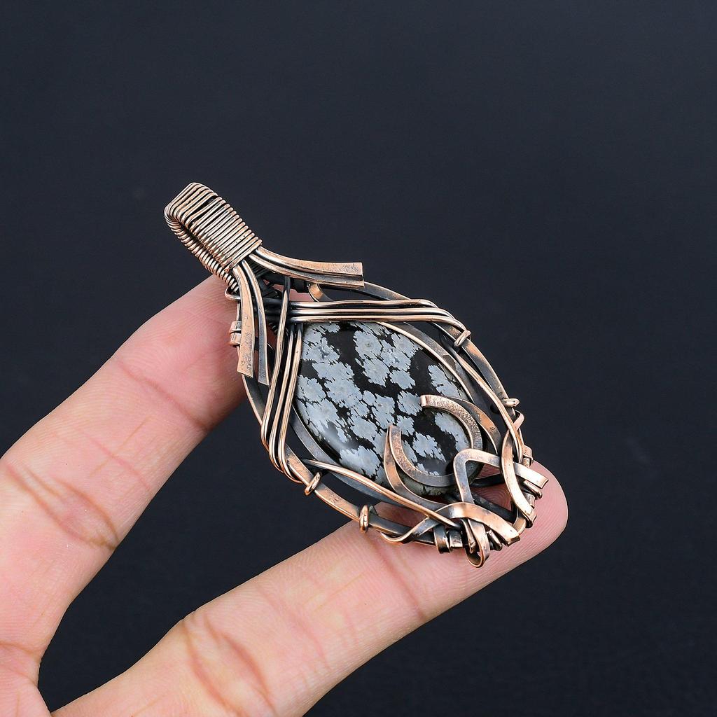 Snowflake Obsidian Pendant, 999 Copper Wire Wrapped Gemstone Handmade Dainty Jewelry Pendant, For Her