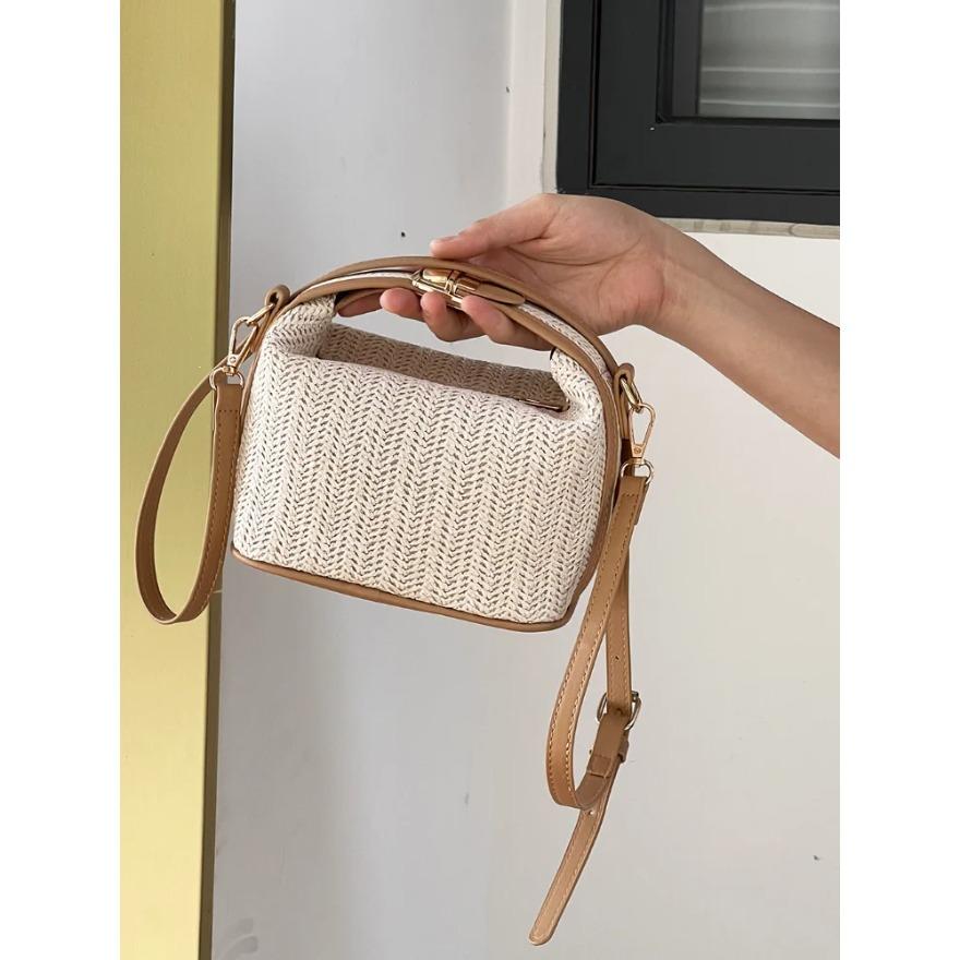 Универсальные соломенные плетеные сумки через плечо, повседневные сумки-ведра, модные контрастные цветные сумки, пляжные сумки для отпуска для женщин