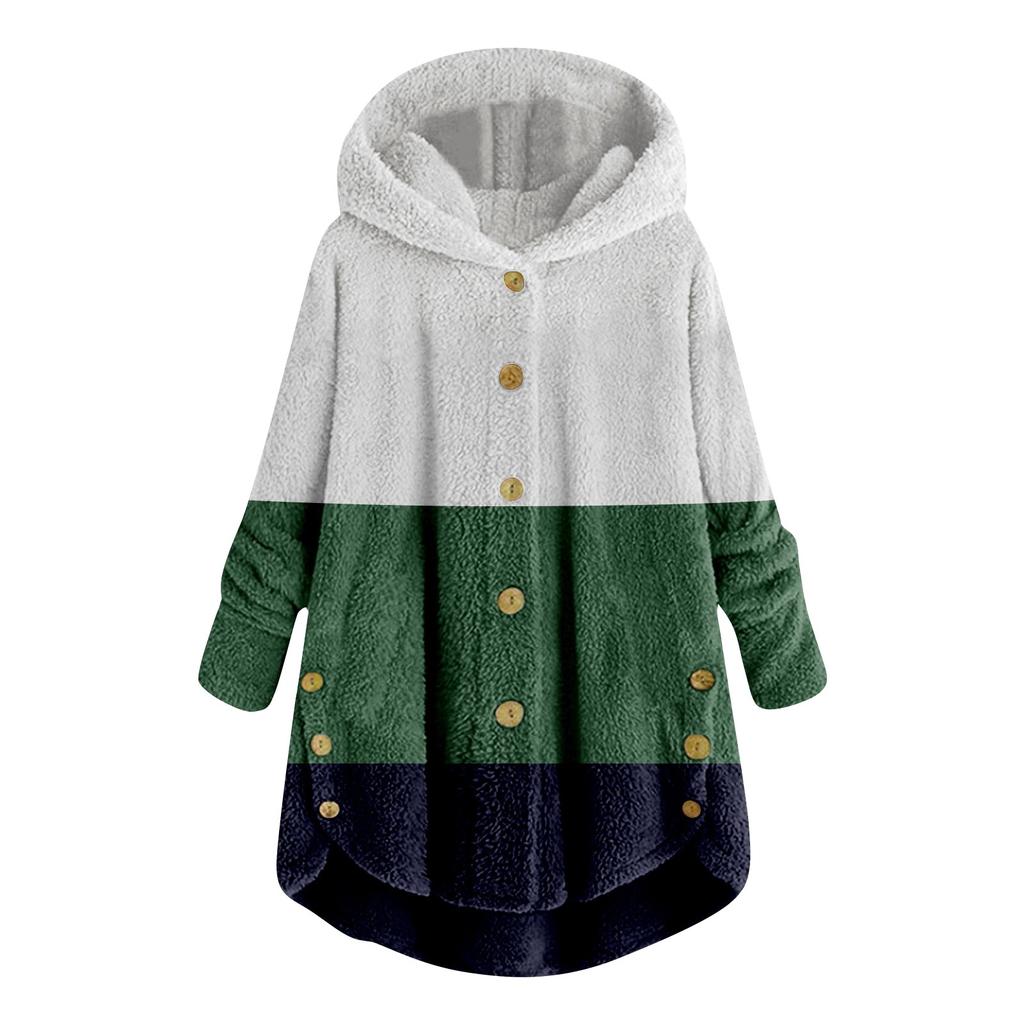 Women Plus Size Button Plush Tops Hooded Patchwork Loose Cardigan Wool Coat Winter Jacket