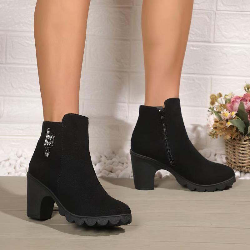 Модные осенние новые хлопковые сапоги на грубом каблуке, женские остроносые, с гидродрелем, с боковой молнией на рукавах, противоскользящие, износостойкие, короткие сапоги