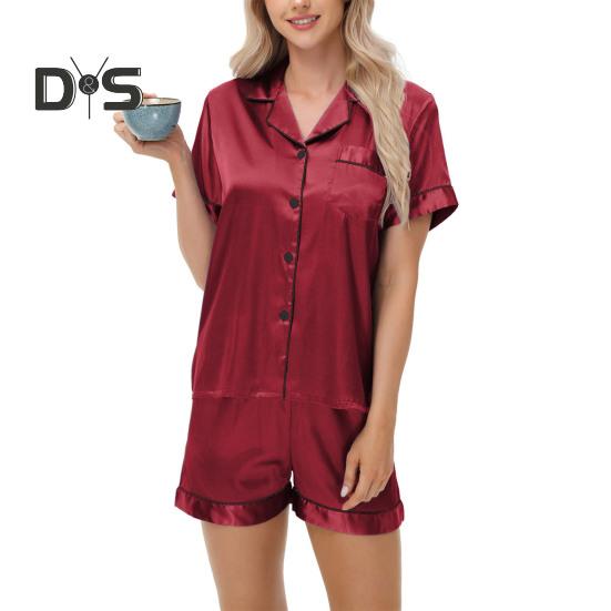 Пижамный костюм из 2 предметов, атласный однобортный кардиган, рубашка с V-образным вырезом, воротником-стойкой, однотонная рубашка с нагрудным карманом, свободные шорты, ночная рубашка, одежда для сна