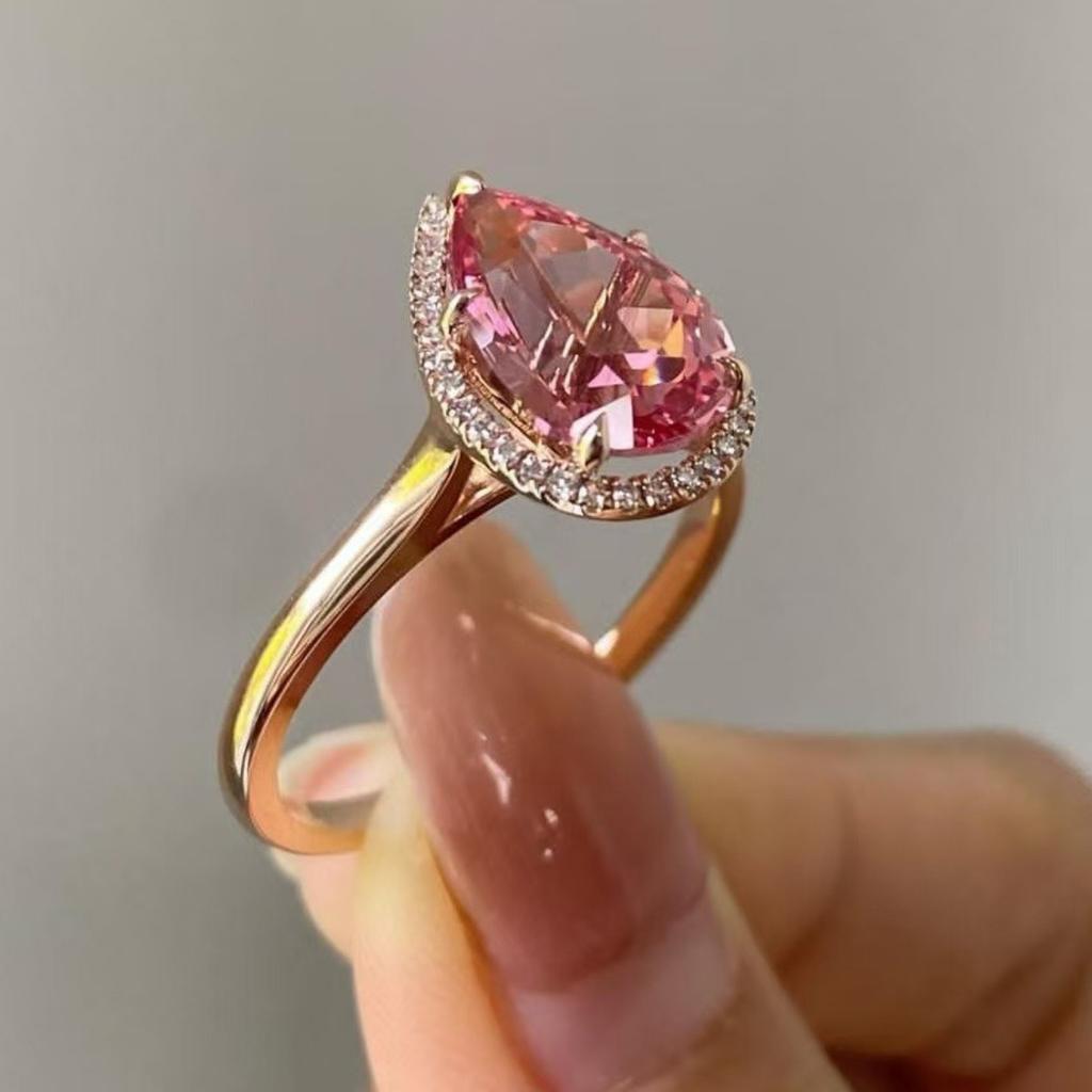 Luxury Supply Gold Ring Female, Pink Diamond Water Drop High Carbon Zircon Diamond Ring Ring Direct Sales