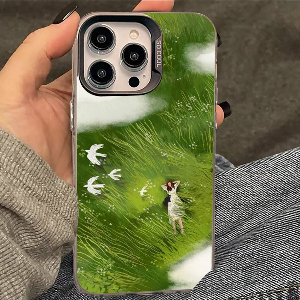 Cartoon Lawn Suburban Relaxation Silver Plated Inside Phone Case For iPhone 17 16 15 14 11 12 13 Pro Max Plus X XR XS Max Color