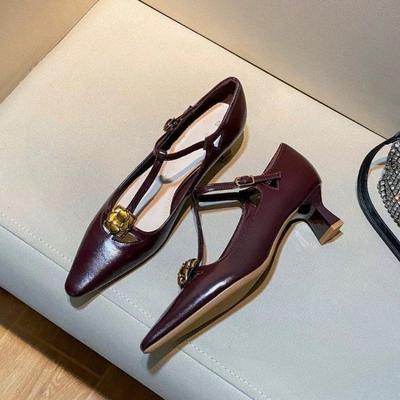 Мода 2024 Новые туфли-лодочки в ретро-стиле с мелким вырезом, одинарные туфли с острым носком, на тонком каблуке, с пряжкой, туфли Мэри Джейн, туфли Мэри Джейн, женская обувь