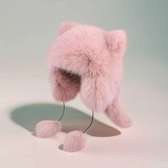 Женская зимняя шапка с толстым искусственным мехом, украшением в виде ушей и хвоста в виде мультяшного енота, однотонная, ветрозащитная шапка Lei Feng для катания на лыжах, сноуборде, пешего туризма