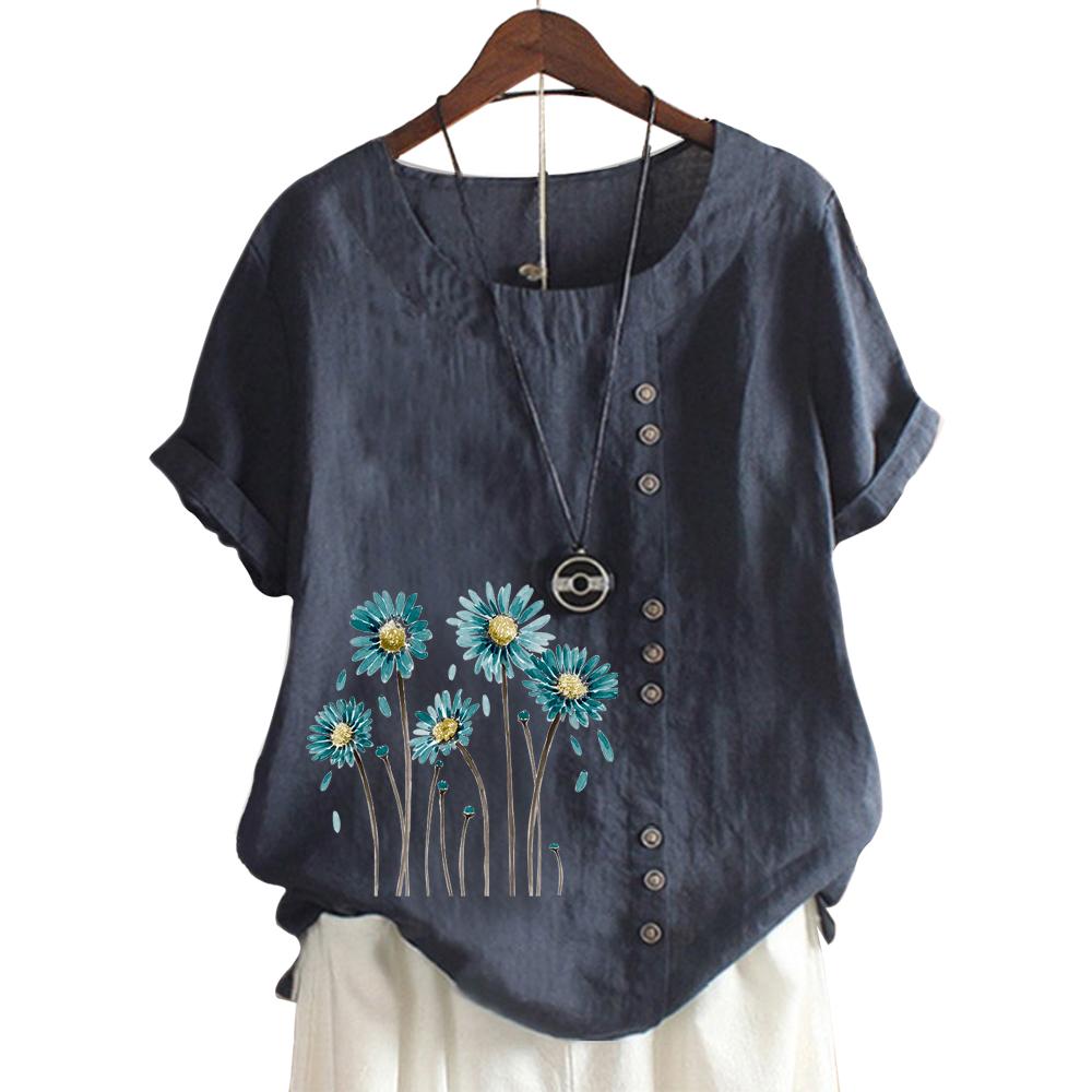 Trendy Ladies' Short Sleeve Top with 11 Colorful Floral Patterns and Round Neck