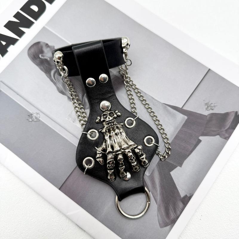 Браслет в стиле стимпанк с черепом и цепочкой из искусственной кожи для мужчин, готический браслет из серебристой цепочки, браслеты-обручи в стиле рок и Хэллоуин.