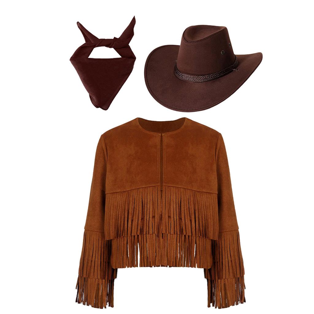 3Pcs Cowboy Costume for Kids Unisex, Fringe Vest Set with Hat & Bandana, Western Cowgirl Halloween Dress Up Outfit