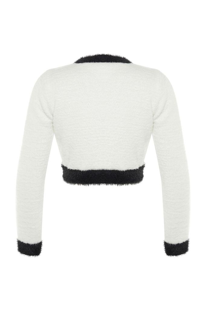 Women's Elegance Style Cardigan Navy Blue Crop Beard Furry Thread Jacket Look Knitwear Cardigan