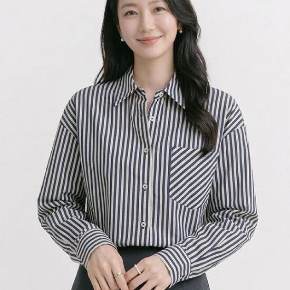 Navava Women Casual Office Stripe Loose Fit Long Sleeve Shirt Nb3067