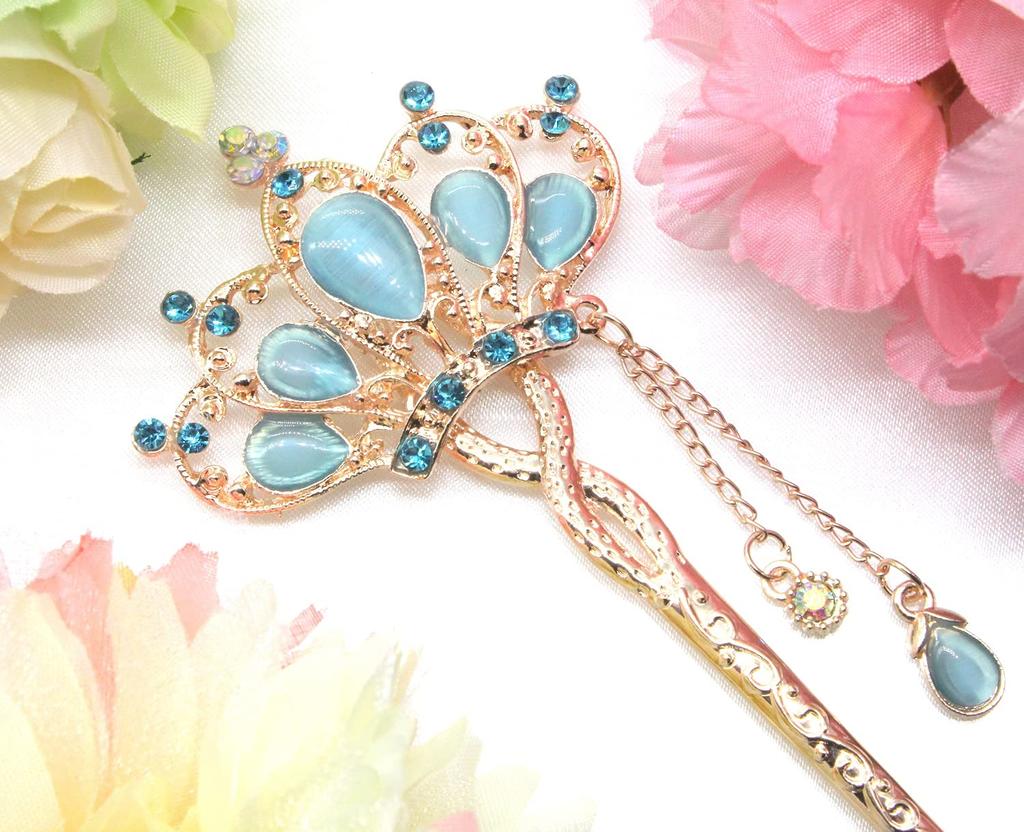 Японский цветок для волос Miaomyao, розовый золотой аксессуар для волос [Miaomyao] Шпилька, стиль, Tomesode, украшение, металл, пара, пара, тиара, мотив, (синий)