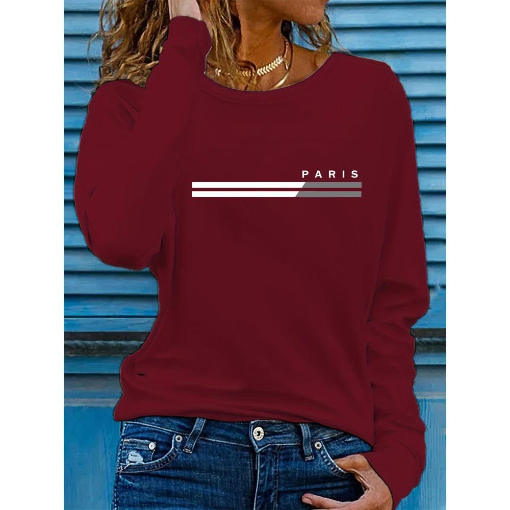 Women's Spring and Autumn Comfortable Casual Fashion Long Sleeve Paris Letter Printed Round Neck T-shirt