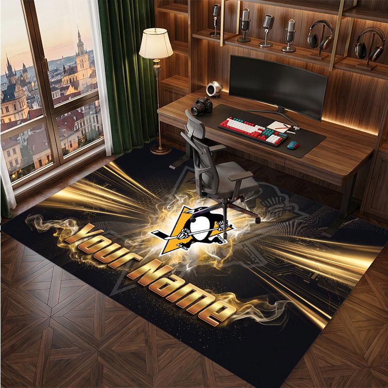 Pittsburgh Penguins Personalized Crystal Velvet Carpet, Customized Name Text Soft Anti‑Slip Rug for Living Room Bedroom