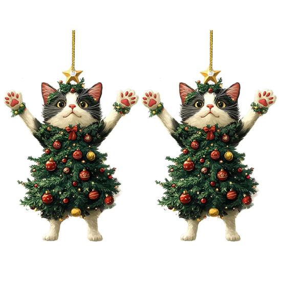 Christmas Cat In Christmas Tree Acrylic Hanging Ornament 2D Flat Car Rearview Mirror Charm Holiday Gifts for Cat Lovers