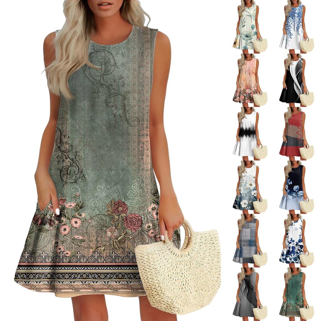 Women's Fashion Casual Sleeveless Round Neck Ruffle Vintage Printed Dresses