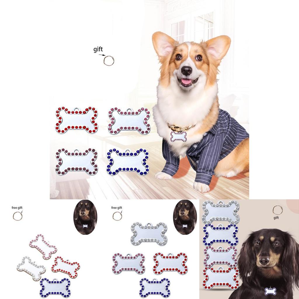 Pet Diamond Edge Dogs Tag Bone Shaped Anti Loss Jewelry Metal Pink Pendant Blue