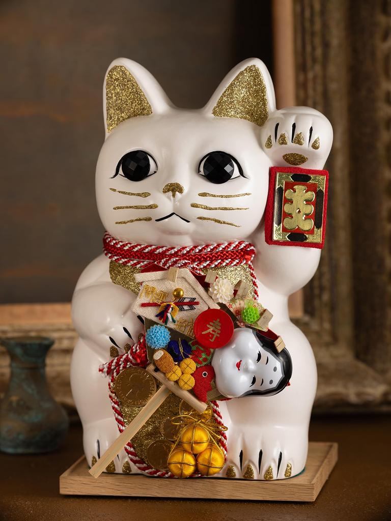 Счастливый кот Ацуме Левосторонний кот Счастливый кот Манеки Кот Счастливый фэн-шуй Орнамент Коробка для пожертвований Белый (L-SIZE Белый) Поднятый/Керамический_Lucky (fa_L