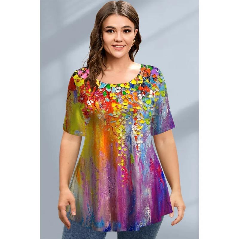 Футболка большого размера свободного кроя женская летняя с коротким рукавом и круглым вырезом с цветочным принтом 3D Топ свободного покроя женская одежда футболки женские