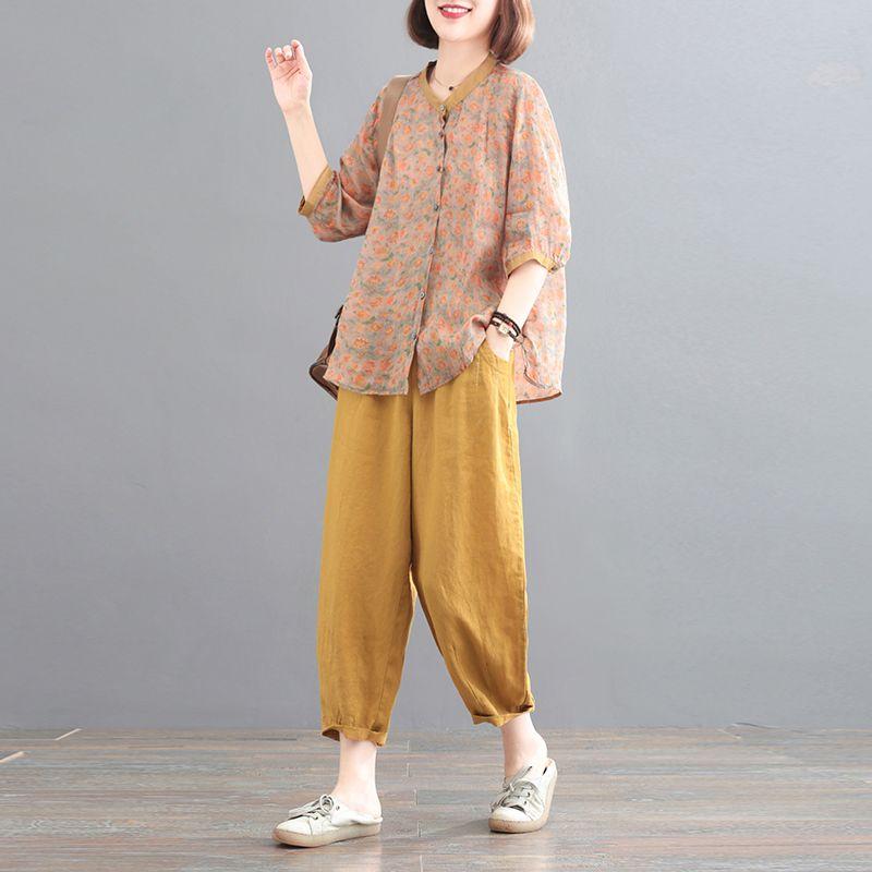Тонкий печатный литературный ретро-модный модный летний костюм из двух частей Ramie для женщин