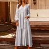 Women's Fashionable Solid Color V-neck Long Sleeved Loose Button Cotton Linen Retro Large Swing Long Casual Dress