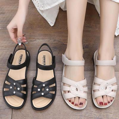 Сандалии со стразами на липучке: Модная, дышащая летняя обувь для женщин среднего возраста и пожилых бабушек.